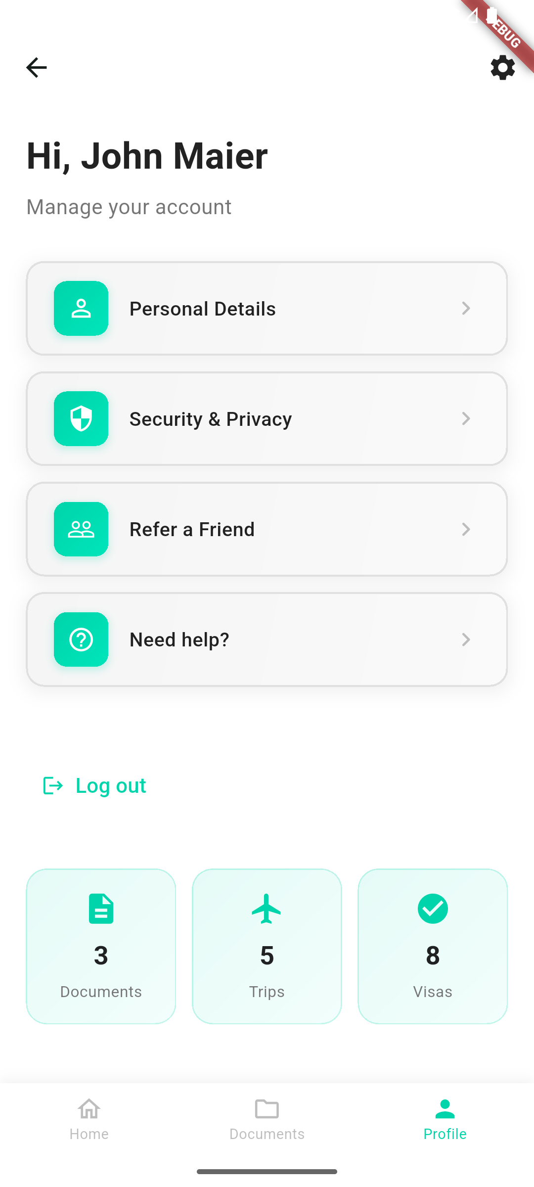 Personal account dashboard with management options