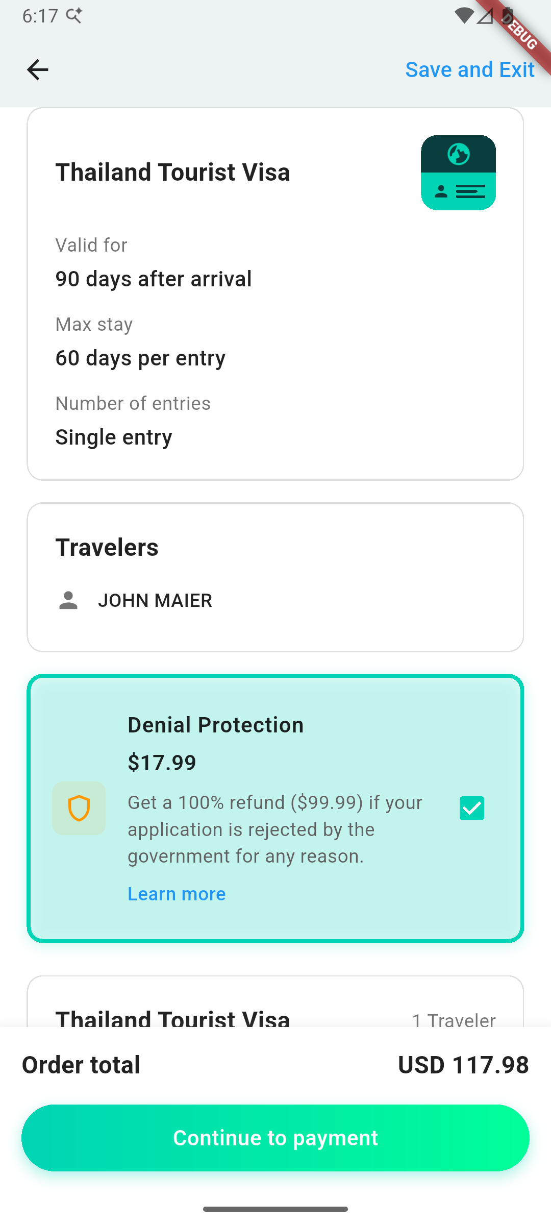 Order overview showing denial protection insurance option